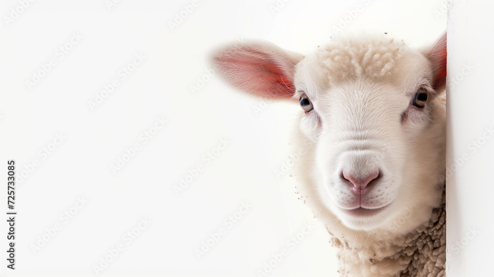 Fototapeta premium Lamb peeking into the frame from the right on a white background