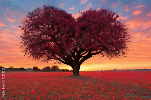 Red heart shaped tree in a field of poppies at sunset © Prism