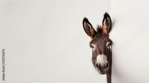 Donkey peeking into the frame from the right on a white background photo