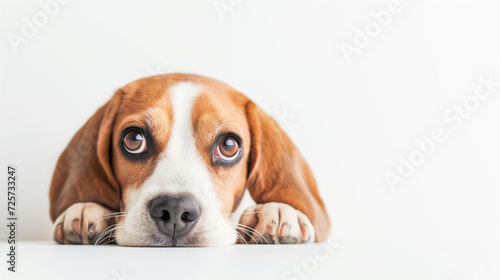 Beagle peeking into the frame on a white background