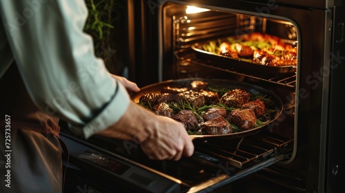 A person carefully removing a pan of delicious food from the oven. Perfect for cooking and food-related projects