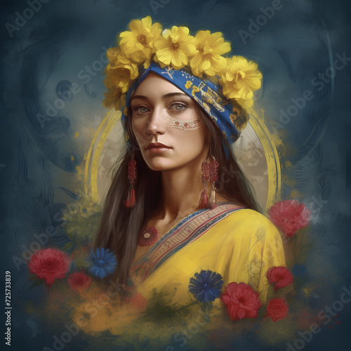 Portrait of a fictional woman with flowers. Generated and created by AI