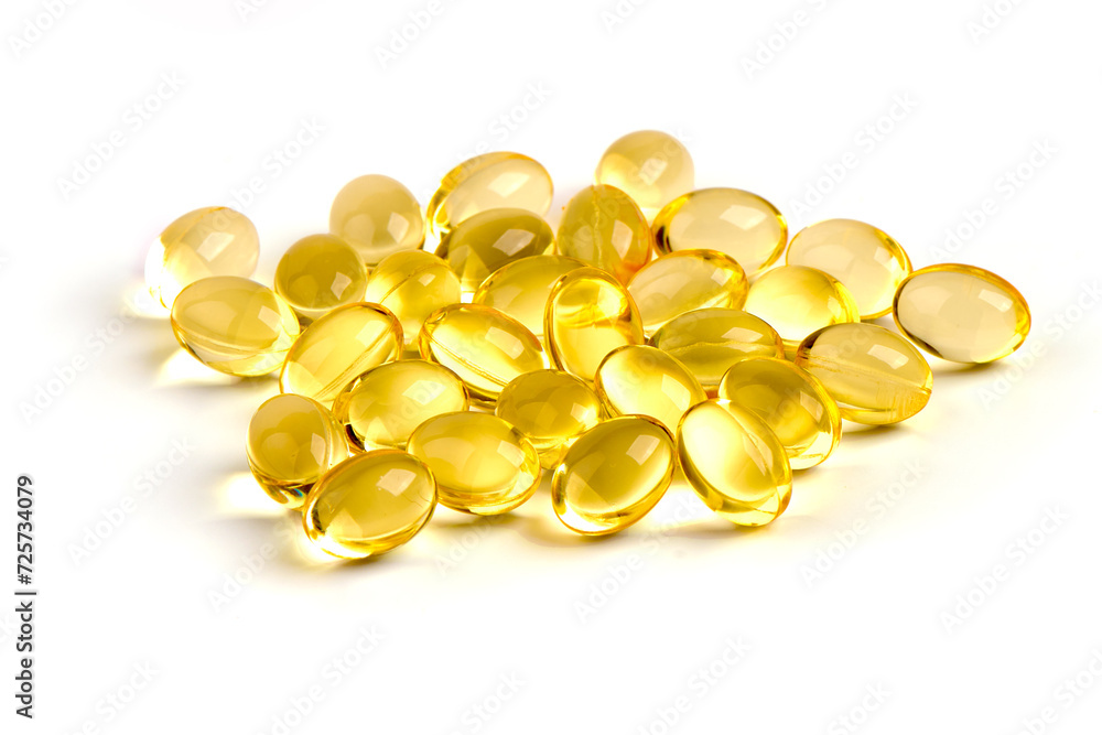 Fish oil supplement fish shape capsules, isolated on white background. Fish oil supplement fish shape capsules, isolated on white background.