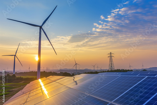 Renewable energy landscape at sunrise or sunset with wind turbines, and a traditional electric power pylon in the background, illustrating a mix of energy generation methods.