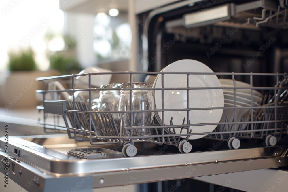 A dishwasher filled with dishes sitting on top of a counter. This image can be used to depict household chores or kitchen organization