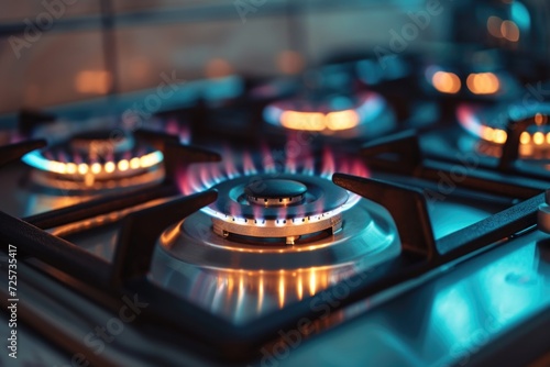 A detailed view of a gas stove with vibrant blue flames. Perfect for showcasing the power and efficiency of a modern gas stove.