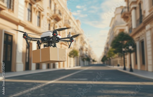 Amidst the urban landscape, a futuristic drone soars above, carrying a mysterious box through the open sky while buildings and vehicles below blur into a bustling cityscape photo