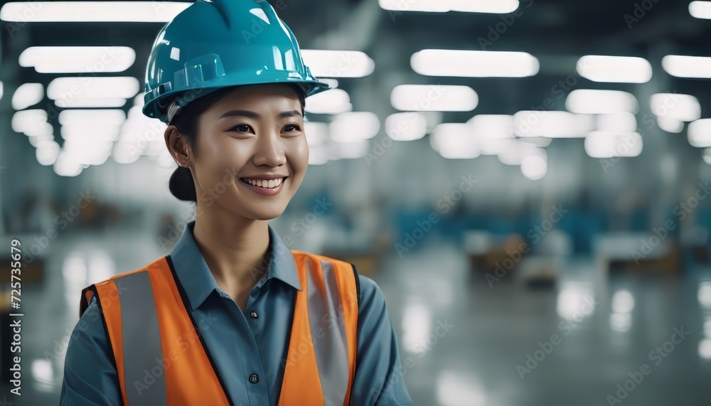 Portrait of a happy female asian factory worker wearing hard hat and work clothes Portrait of a happy female asian factory worker wearing hard hat and work clothes