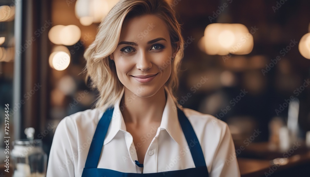 Portrait of female waitress in blue apron at café and restaurant Portrait of female waitress in blue apron at café and restaurant