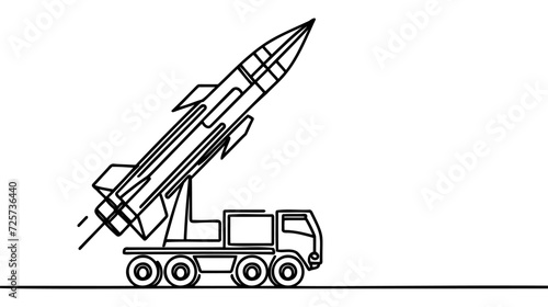 Mobile launch rocket system, Missile vehicle. ballistic missile launcher. One line drawing for different uses. Vector illustration