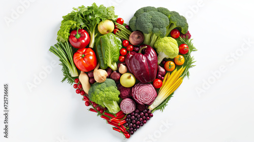 Human heart shape made of fresh vegetables top view. isolated on white background