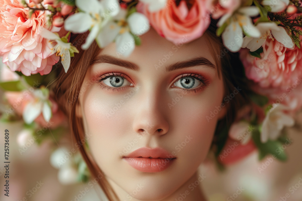 A young, beautiful woman with a flower crown, radiant skin, and vibrant makeup