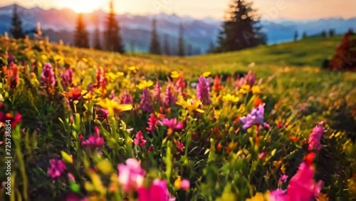 Summer alpine meadow with colorful wildflowers. photo
