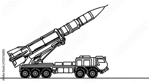 Mobile launch rocket system, Missile vehicle. ballistic missile launcher. One line drawing for different uses. Vector illustration