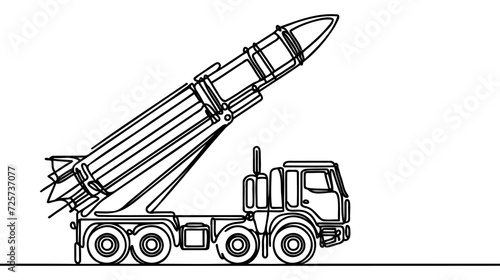 Mobile launch rocket system, Missile vehicle. ballistic missile launcher. One line drawing for different uses. Vector illustration