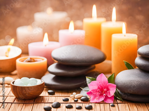 Spa still life with zen stones and flowers on wooden background