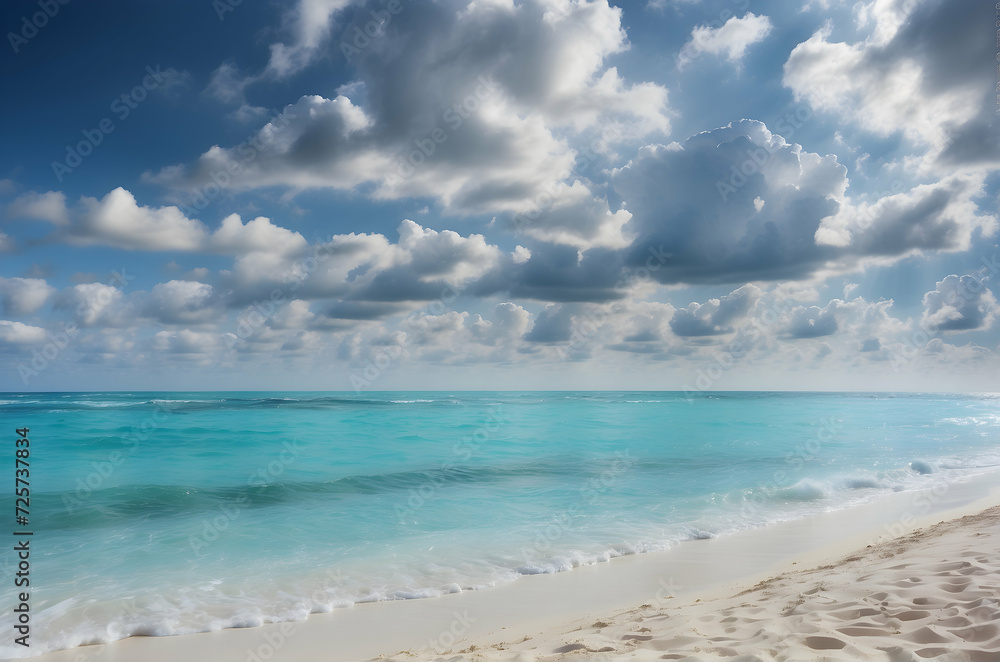 Beach scene with turquoise waters, white sand, and a sky adorned with fluffy clouds