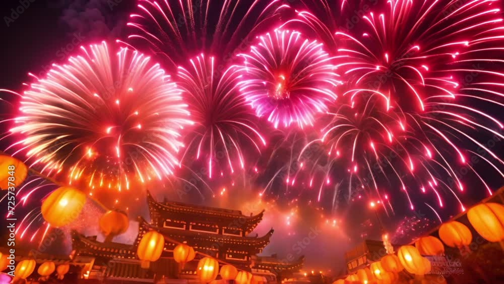 Fireworks Chinese New Year above temple. Lunar New Year fireworks 2024