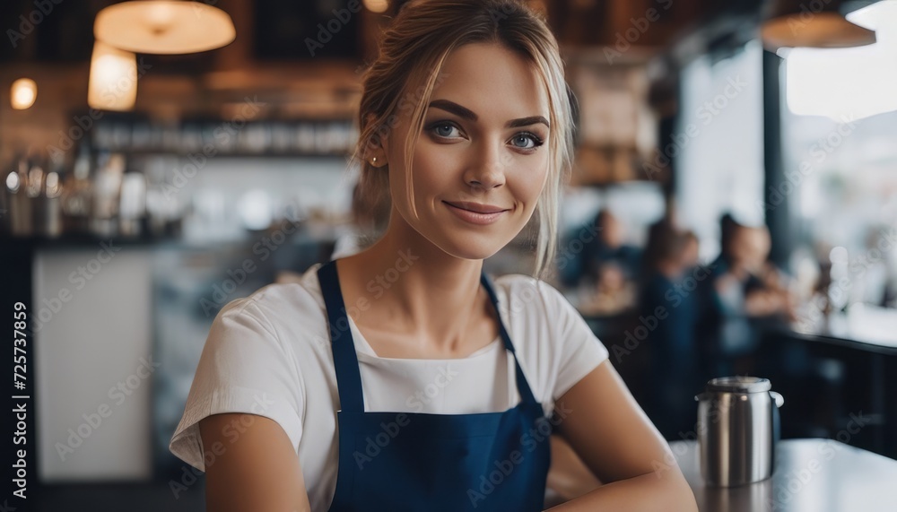 Portrait of female waitress in blue apron at café and restaurant Portrait of female waitress in blue apron at café and restaurant