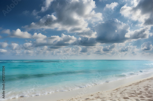 Beach scene with turquoise waters, white sand, and a sky adorned with fluffy clouds © Asfand