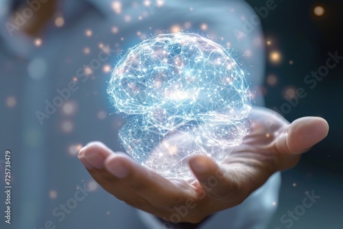 digital brain hologram spinning above male human hand