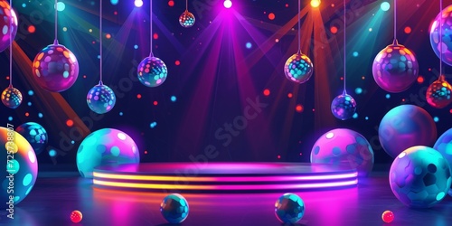 A festive empty podium adorned with colorful, glowing orbs and bright lights creating a celebratory atmosphere.