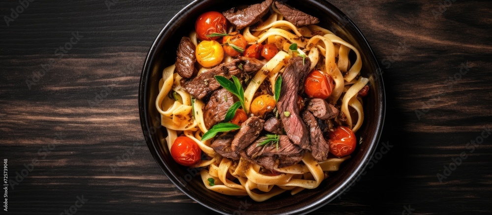 Top view Fettuccine pasta with beef in black bowl. Background Copy space Top view Fettuccine pasta with beef in black bowl. Background Copy space