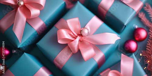 A pile of blue and pink presents with pink bows. Ideal for birthdays  baby showers  or any special occasion.