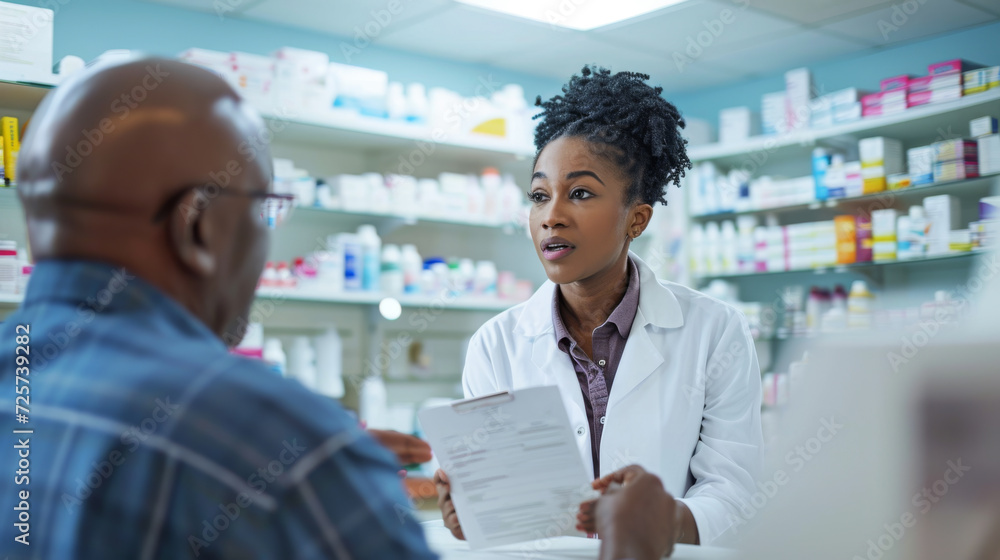 female pharmacist is consulting with an elderly male customer in a pharmacy