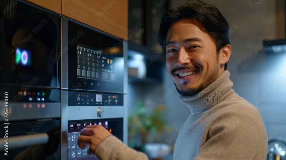 young man in a modern kitchen, smiling and reaching out, possibly to cook or to operate a kitchen appliance young man in a modern kitchen, smiling and reaching out, possibly to cook or to operate a kitchen appliance