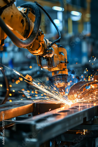 A mechanical arm welds a car frame in a factory.