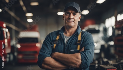 Portrait of truck repair shop owner with arms crossed looking at camera photo