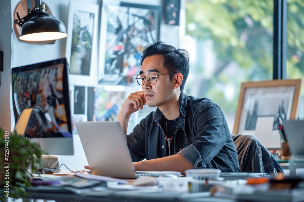 Asian creative designer raise arm up and close eye in front of laptop computer on desk Asian creative designer raise arm up and close eye in front of laptop computer on desk
