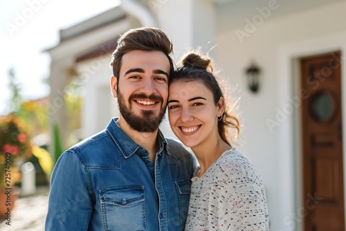 Start a family Happy young couple standing in front of new house Husband and wife buy a new house