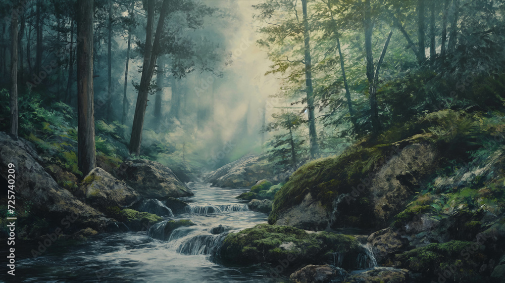 Fototapeta premium Watercolor paintings of nature, forests, mountains, waterways.