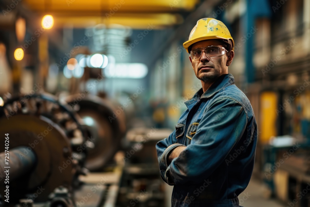 Contemplative engineer holding tablet pc in robot factory Contemplative engineer holding tablet pc in robot factory