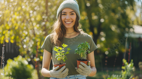 young woman with a beanie, smiling and holding two small potted plants