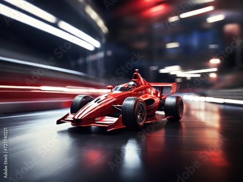 Race Day Intensity: Fast-Moving Red Car with Light Trail Effect © bellart