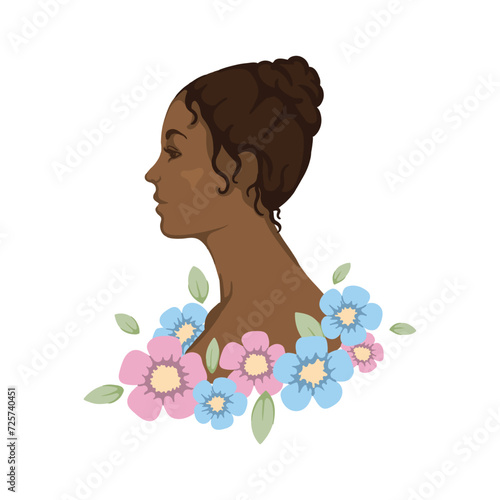 Profile of a dark-skinned girl with flowers