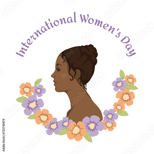 Black girl in a frame of flowers and text International Women's Day