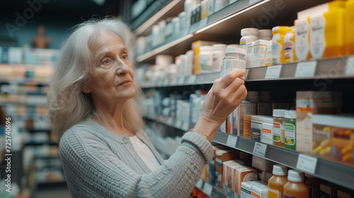 Senior Caucasian female customer picks up pill bottle in pharmacy.