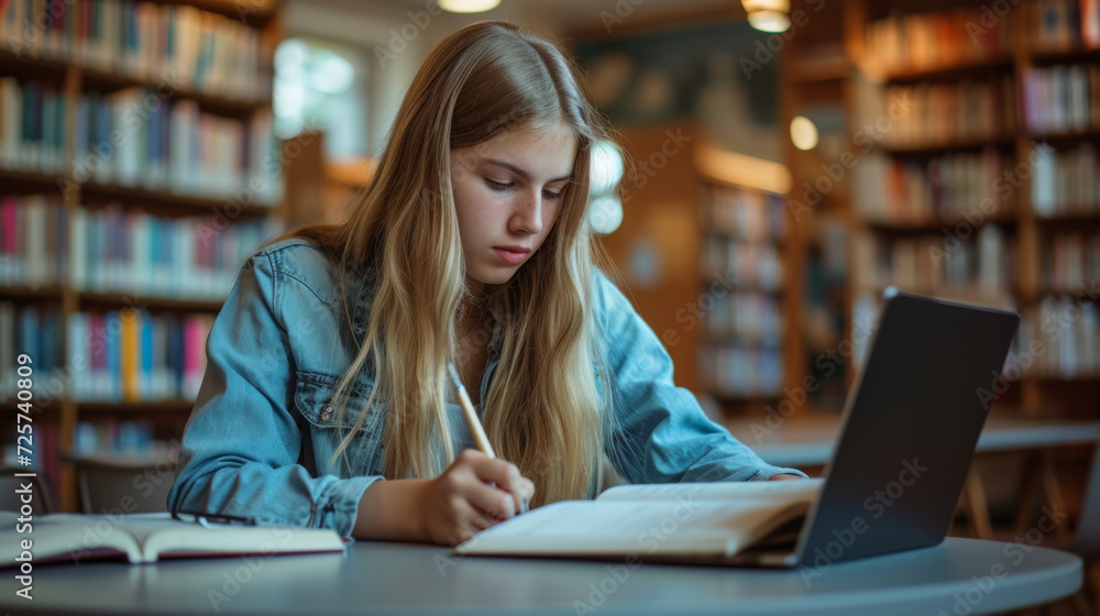 focused young woman studying in a library, writing notes from a laptop into a book focused young woman studying in a library, writing notes from a laptop into a book