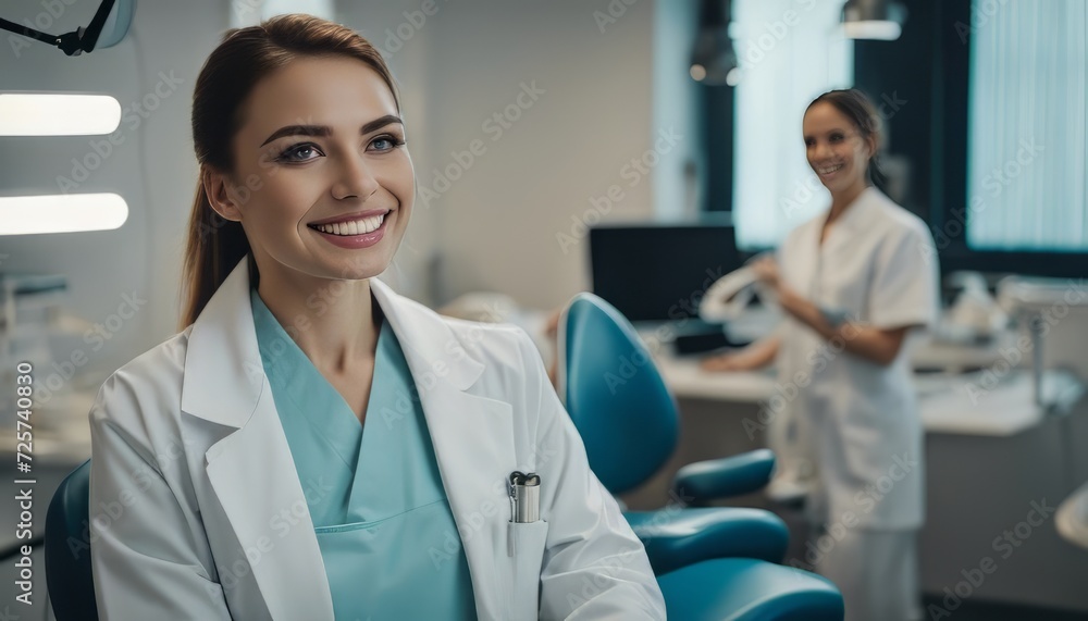 potrait Young female happy dentist at his office potrait Young female happy dentist at his office