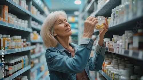 Senior Caucasian female customer picks up pill bottle in pharmacy.