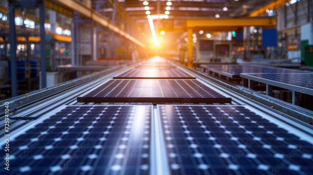 Solar panel production line with robotic arm at state-of-the-art solar cell manufacturing facility Solar panel production line with robotic arm at state-of-the-art solar cell manufacturing facility