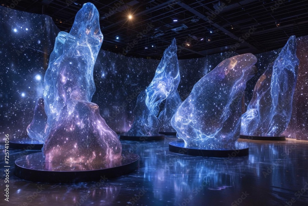 A cosmic art installation with sculptures made of starlight and nebulae Symbolizing the unity of art and science - obrazy, fototapety, plakaty 