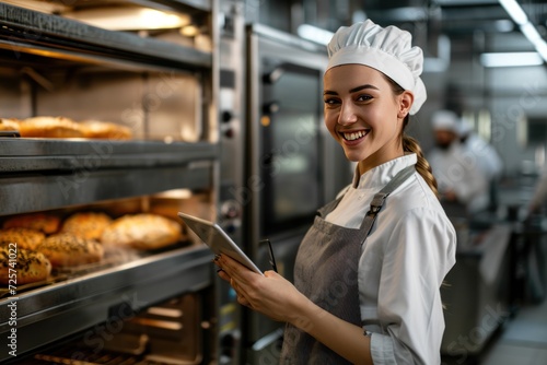 Smiling female food factory with tablet in hand standing in front of oven in bakery shop