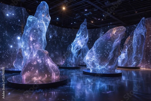 A cosmic art installation with sculptures made of starlight and nebulae Symbolizing the unity of art and science photo