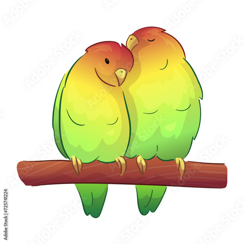 Flat illustration of a pet parrot, illustration with stroke and fill. The parrot is talking. A couple of parrots in love.