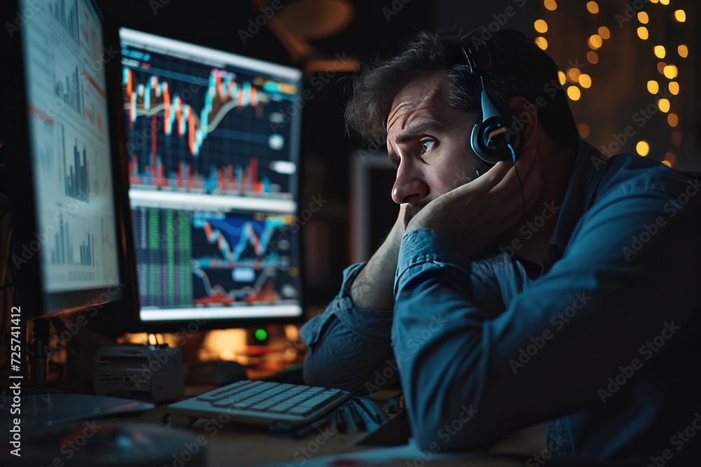 Stock trader, investor sitting in front of screen on table Disappointed because he lost the trade